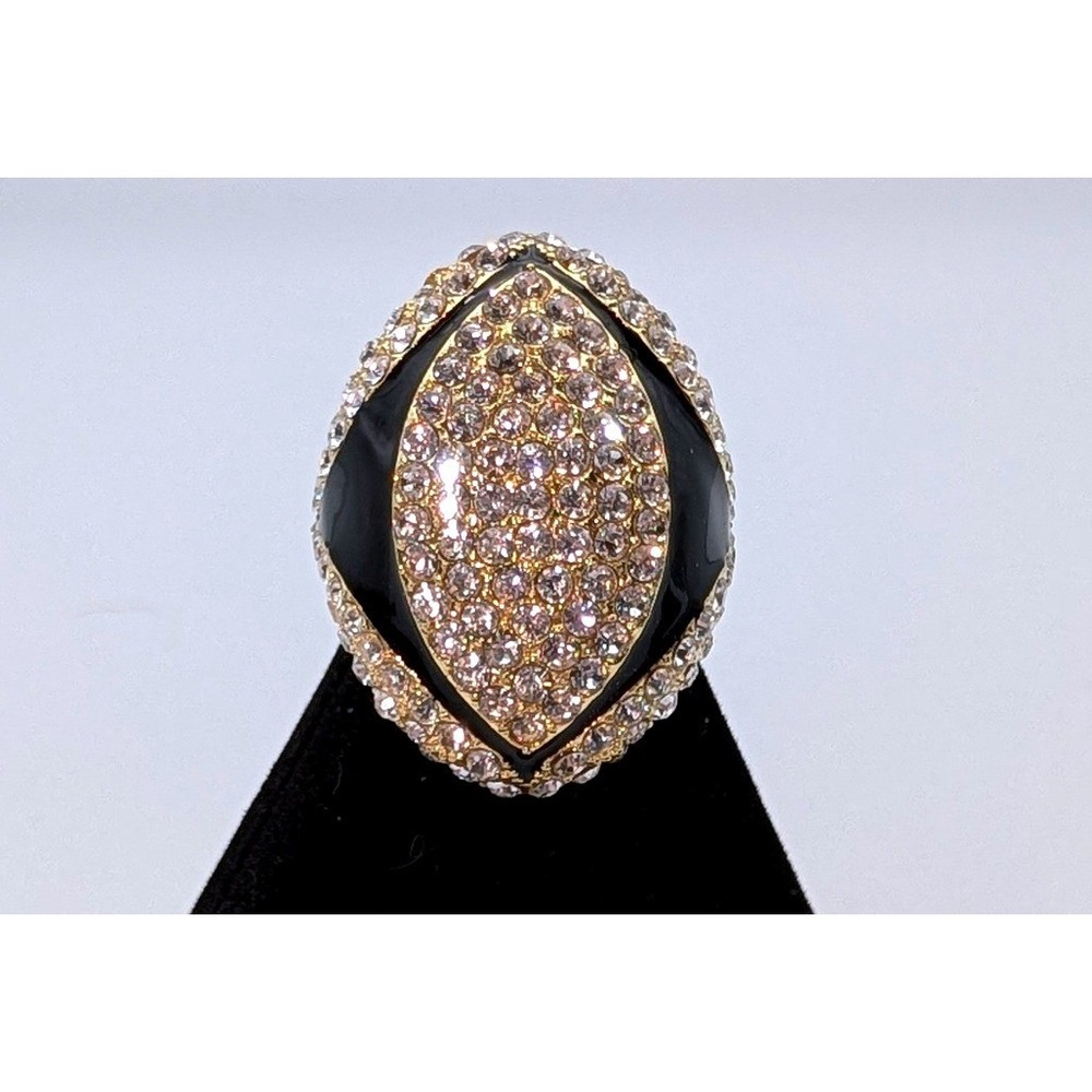 Akkad Gold Tone Black Enamel Pave Crystal Marquise Dome Statement Ring Size 8.5